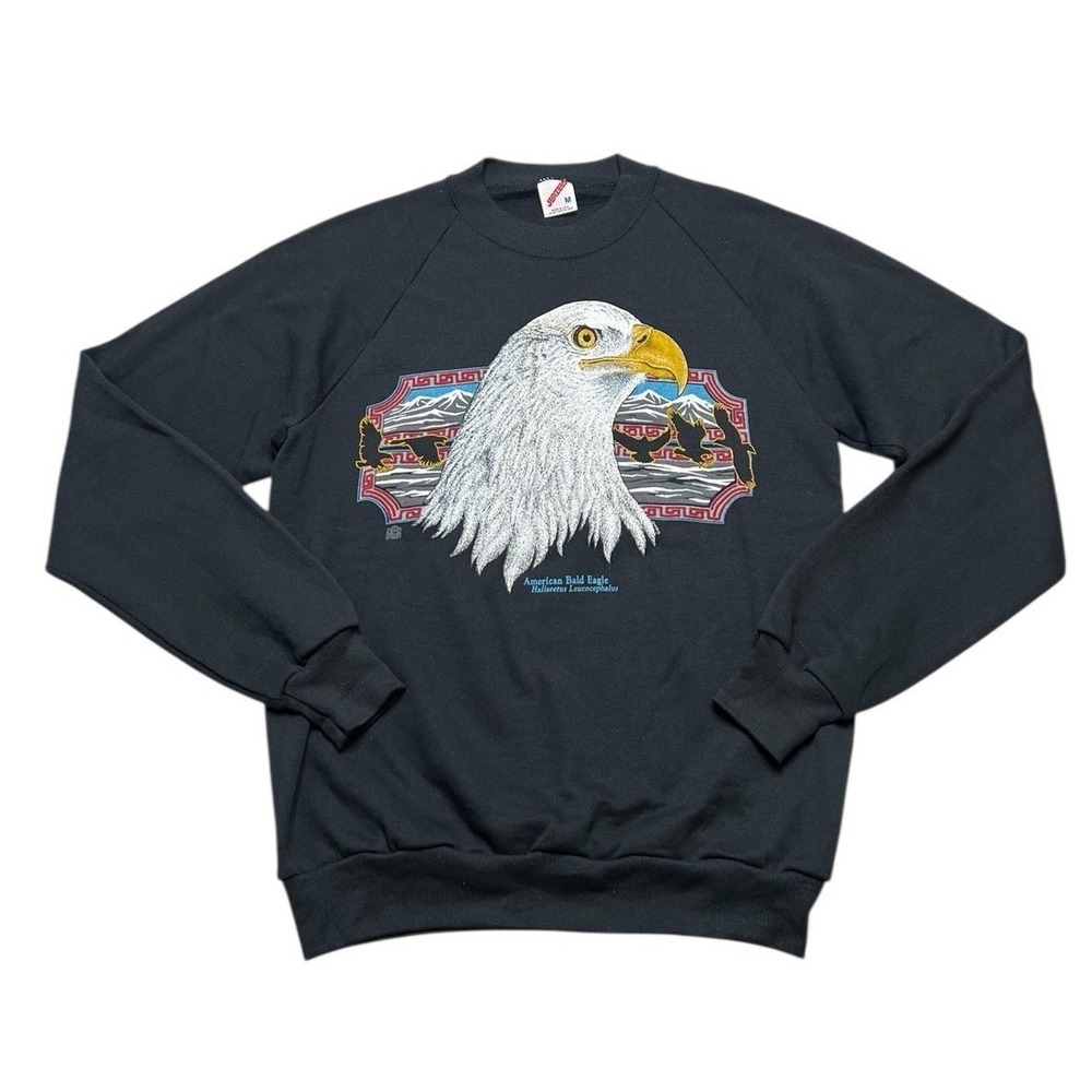 Jerzees Sweatshirt Mens Medium Black American Bald Eagle Vintage Graphic‎ USA